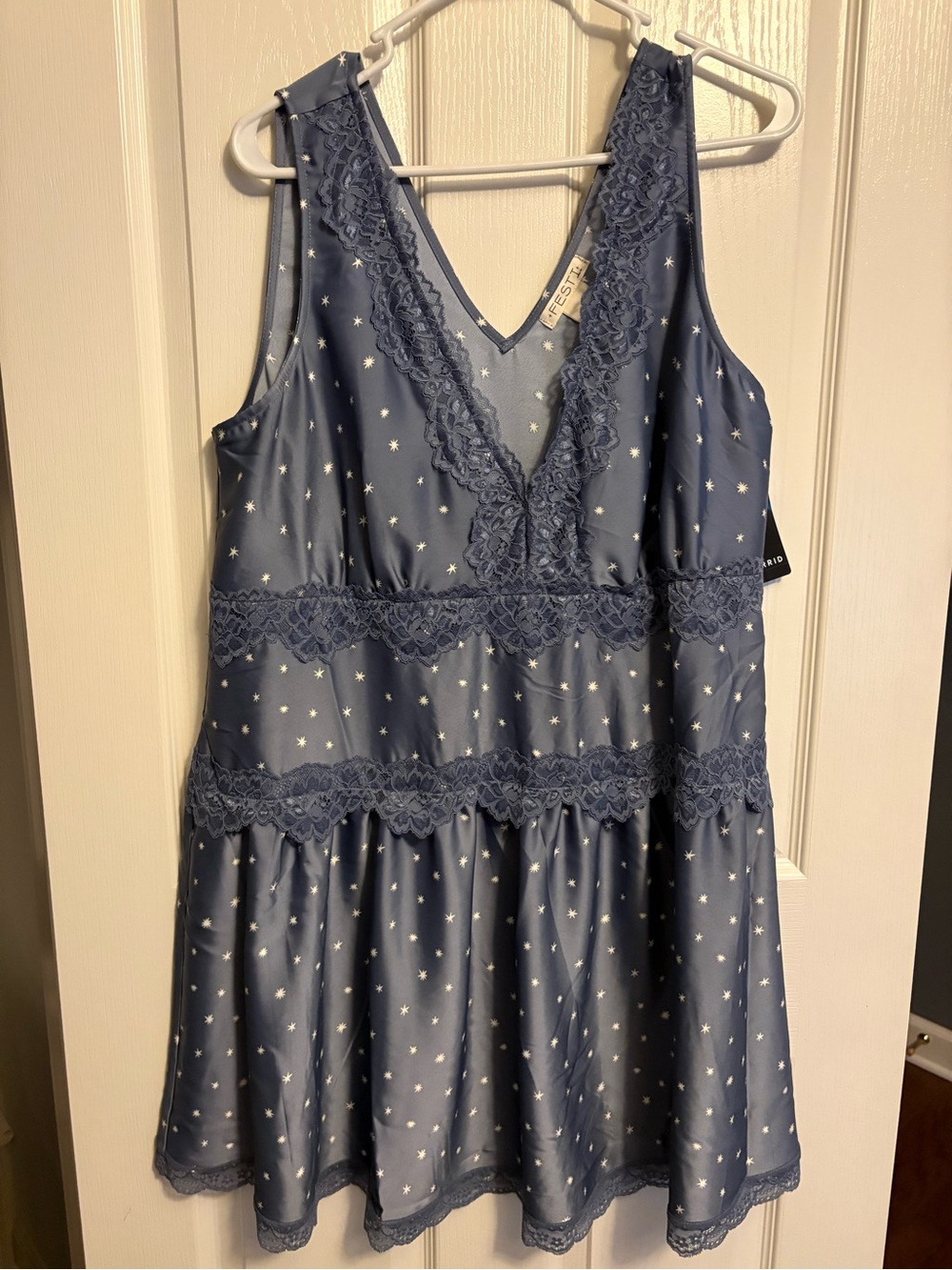 torrid Blue Grey Star Print Lace-Trim V-Neck Dress